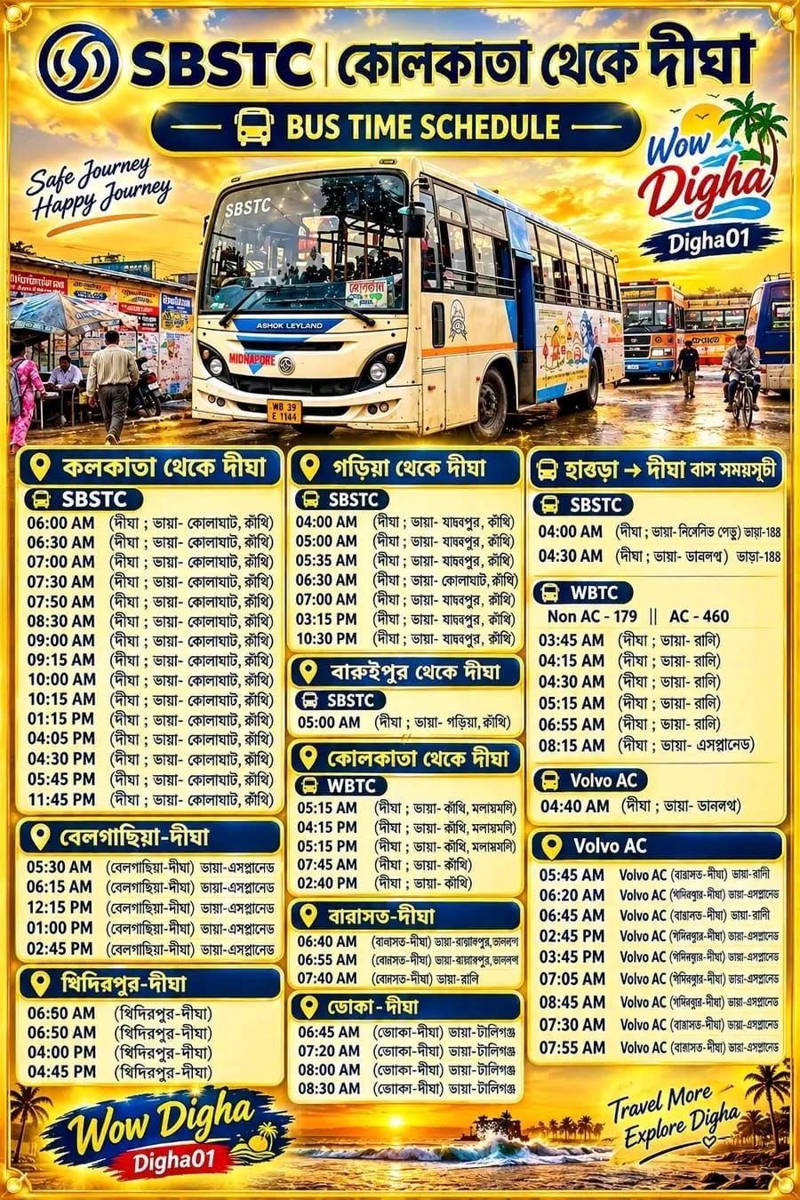 SBSTC Kolkata to Digha Bus Service 2026 | Bus Timetable, Routes & Digha Travel Guide